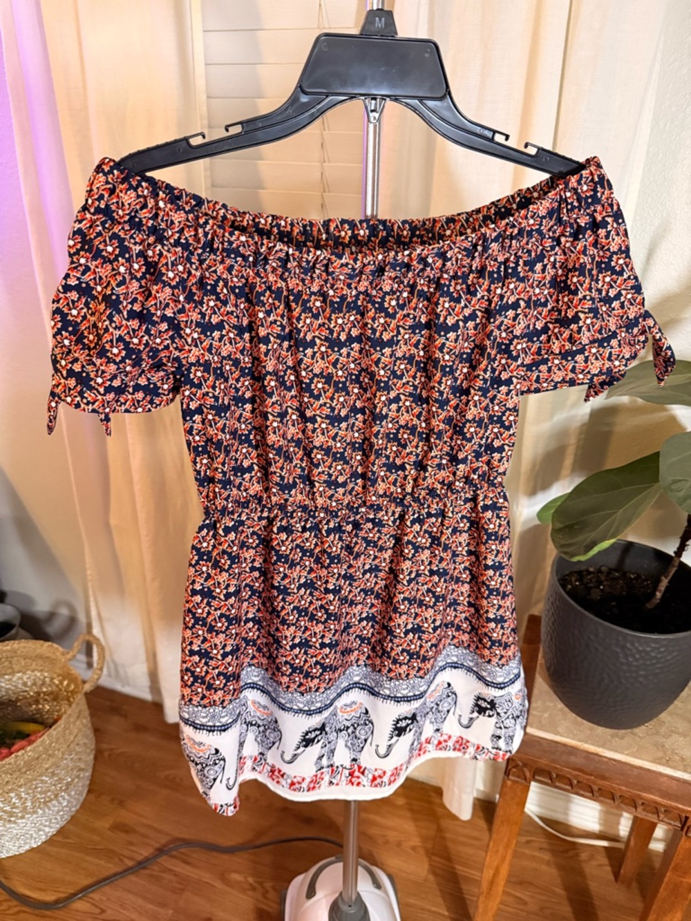 Blush Navy & Coral Off-Shoulder Pattern Dress Women’s S